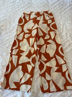 Wide Leg Patterned Pants in Rust & Cream